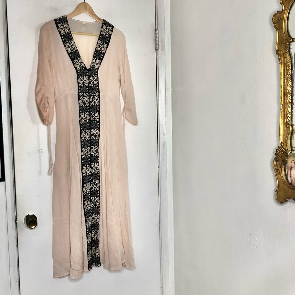 Free People Blush Pink Maxi Dress with Black Embroidered Trim